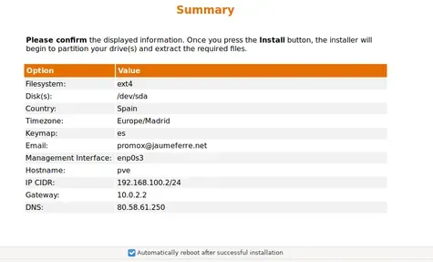 Resumen de los datos introducidos