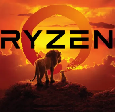 Dos leones estilo Rey León con logo de AMD Ryzen como sol de fondo
