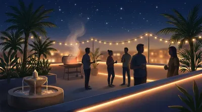 Terraza nocturna con tira LED cálida iluminando la barandilla, gente disfrutando de la noche