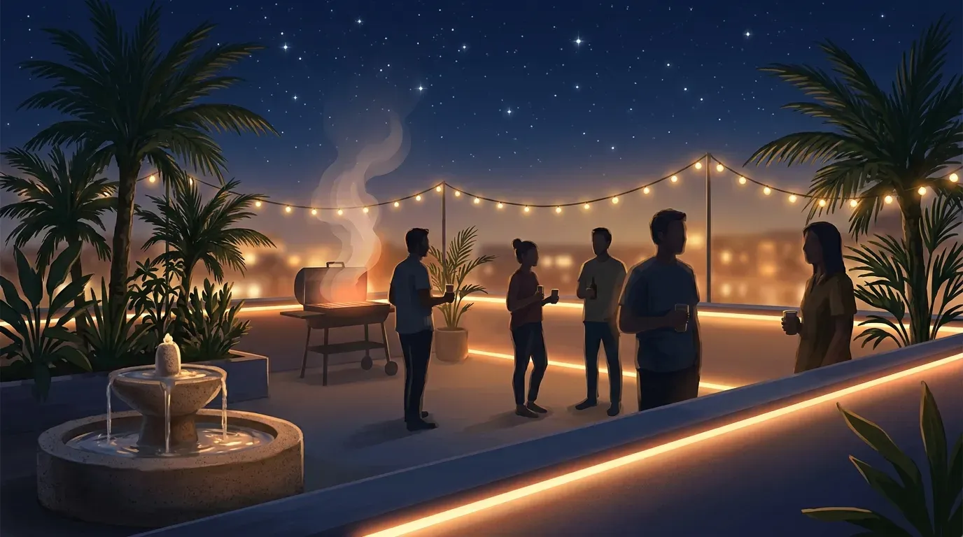 Terraza nocturna con tira LED cálida iluminando la barandilla, gente disfrutando de la noche