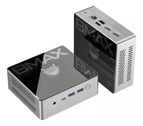 Mini PC BMAX B2Plus mostrando ambos laterales: los puertos USB y USB-C en la parte frontal, y el conector Ethernet, HDMI y alimentación en la parte trasera.