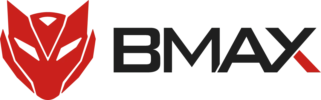 Logotipo de BMAX, con su icono estilizado en forma de cabeza de lobo/Decepticon en rojo.