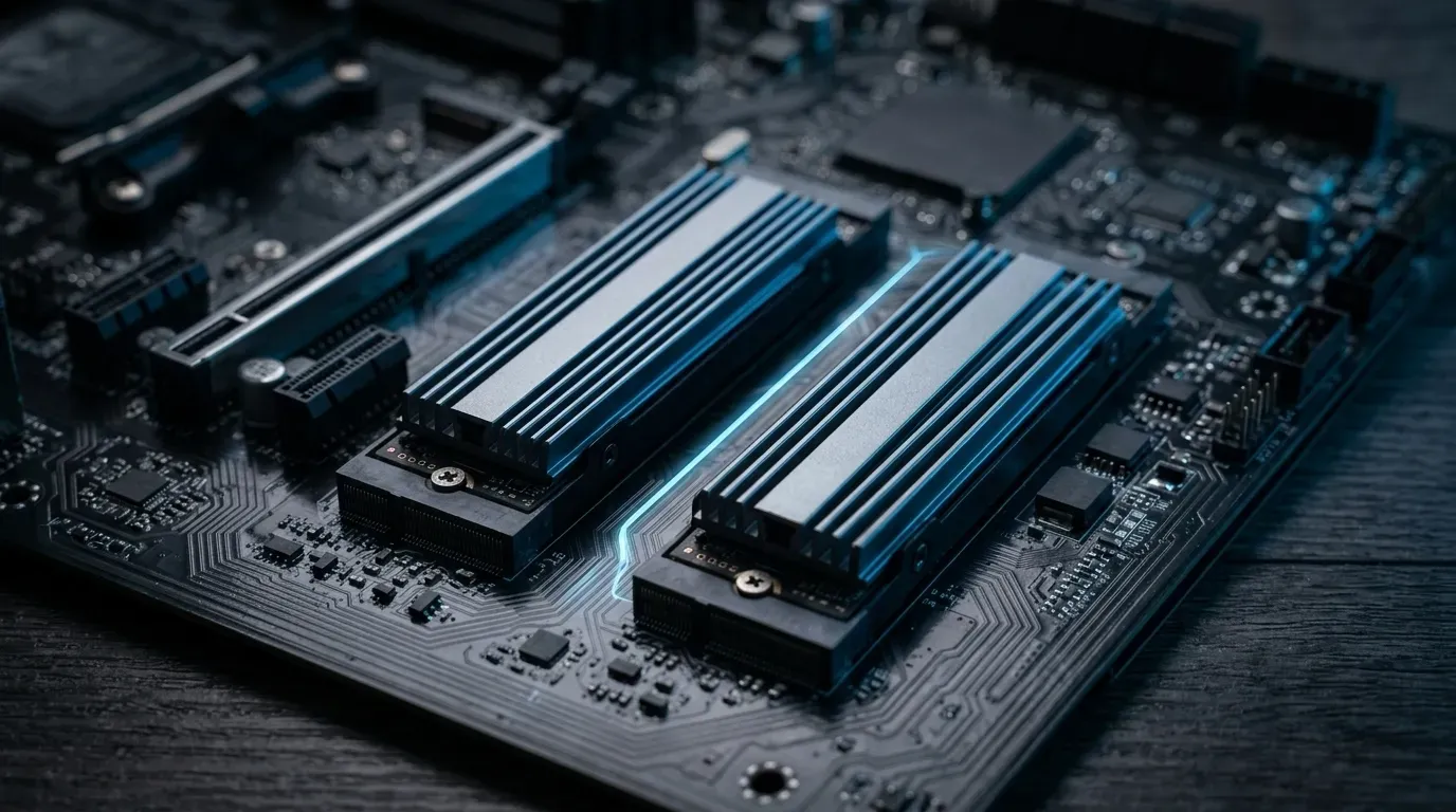 Dos discos NVMe con disipadores de aluminio montados sobre la placa base, conectados por una línea de luz azul que sugiere un mirror ZFS sincronizado
