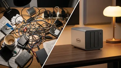 Comparación visual entre un escritorio con discos duros USB sueltos y cables enredados, y un NAS ordenado con sus bahías de disco, representando la migración a un TerraMaster F2-425 Plus con OpenMediaVault.