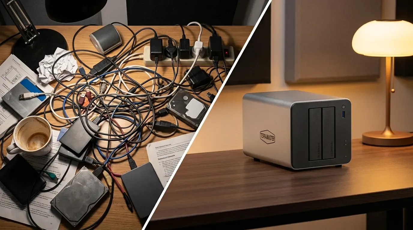 Comparación visual entre un escritorio con discos duros USB sueltos y cables enredados, y un NAS ordenado con sus bahías de disco, representando la migración a un TerraMaster F2-425 Plus con OpenMediaVault.