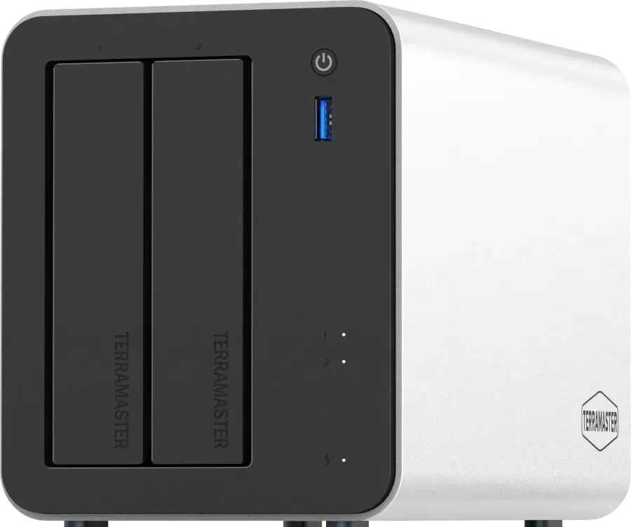 NAS TerraMaster F2-425 Plus de 2 bahías, con sus dos compartimentos de disco frontales, botón de encendido, puerto USB y luces de estado.