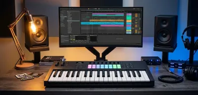 Teclado MIDI Novation Launchkey 37 MK4 sobre una mesa de producción musical, con interfaz de audio, monitores de estudio y un DAW mostrando pistas MIDI en pantalla.