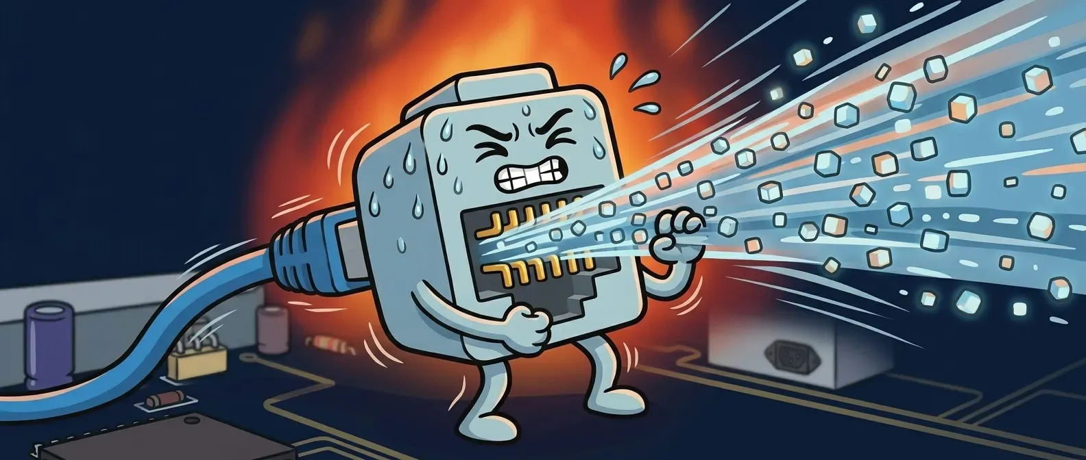 Ilustración de un conector RJ45 antropomorfizado, sudando y con gesto de esfuerzo, mientras un torrente de datos pasa a presión por sus pines