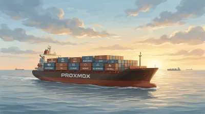 Barco portacontenedores llamado Proxmox navegando en calma, con contenedores etiquetados por servicio