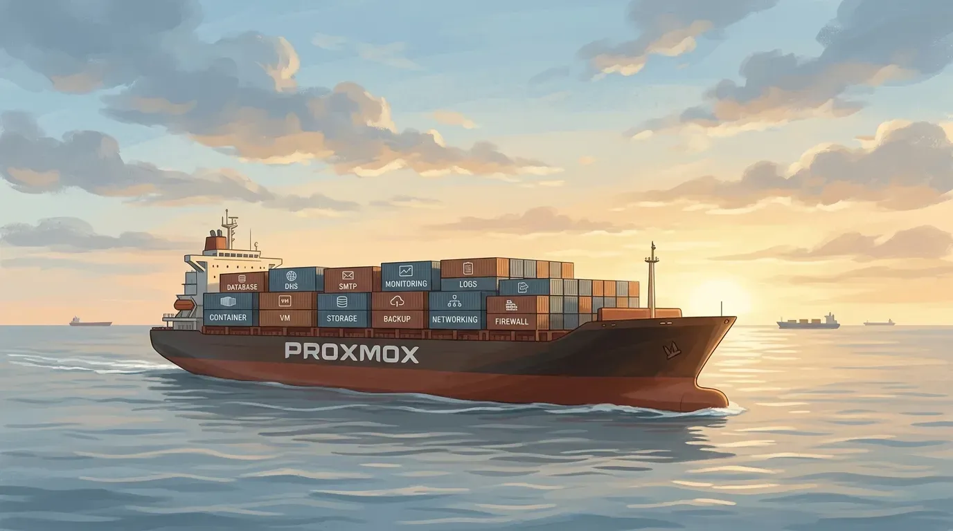 Barco portacontenedores llamado Proxmox navegando en calma, con contenedores etiquetados por servicio