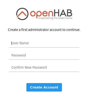 Pantalla de creación de cuenta administrativa en OpenHAB 3 Creación de usuario administrativo
