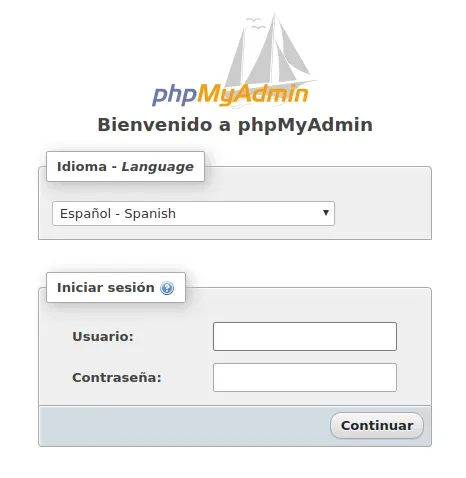 Ventana de acceso a phpMyAdmin