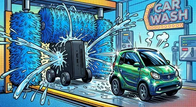 Ilustración cómic de un mini PC con ruedas pasando por un túnel de lavado de coches