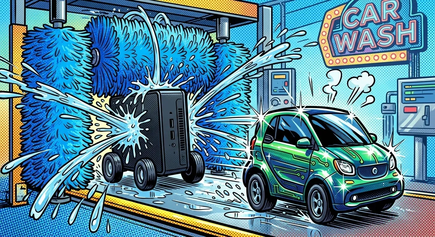Ilustración cómic de un mini PC con ruedas pasando por un túnel de lavado de coches