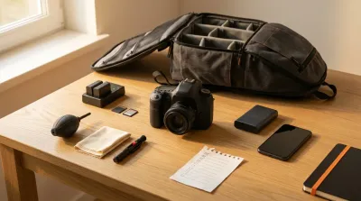 Cámara sin espejo sobre una mesa de madera junto a una mochila fotográfica abierta, baterías cargando, tarjetas de memoria, kit de limpieza, batería portátil, móvil y una lista de comprobación, preparados la tarde antes de una sesión