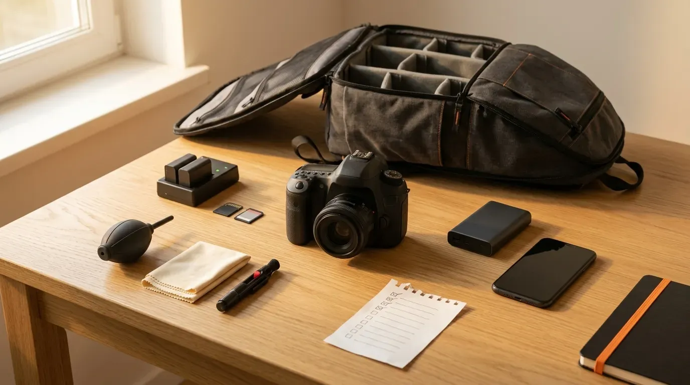 Cámara sin espejo sobre una mesa de madera junto a una mochila fotográfica abierta, baterías cargando, tarjetas de memoria, kit de limpieza, batería portátil, móvil y una lista de comprobación, preparados la tarde antes de una sesión