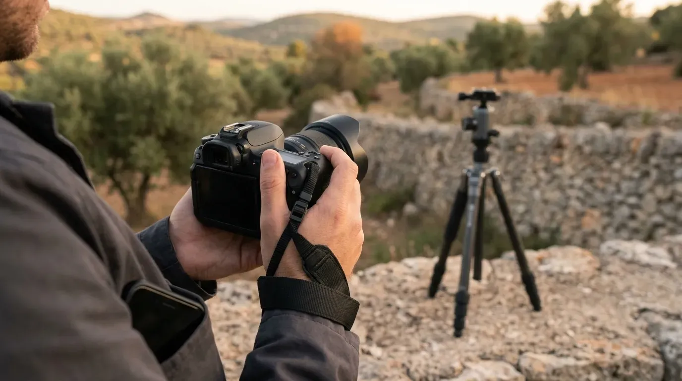 Manos de un fotógrafo sosteniendo una cámara sin espejo con parasol en un paisaje mediterráneo de olivos y muros de piedra seca, con un trípode al lado y el móvil asomando del bolsillo