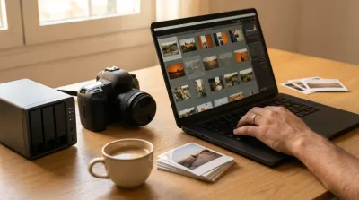 Mano sobre el teclado de un portátil con una cuadrícula de miniaturas de fotos, junto a una cámara, un disco externo de varias bahías, un café y dos montones de copias impresas sobre una mesa de madera