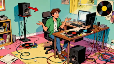 Setup de audio en despacho con altavoces mal colocados