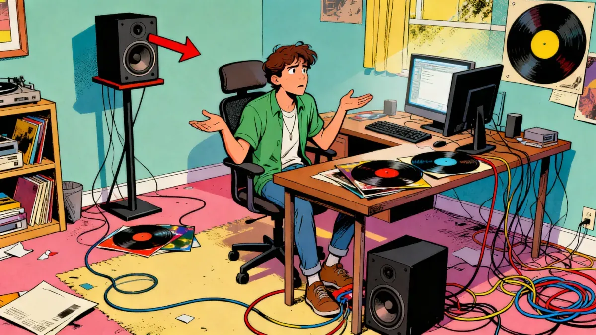 Setup de audio en despacho con altavoces mal colocados