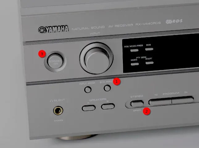 Botones para acceder al modo servicio Detalle de los botones 6CH INPUT, STEREO y STANDBY/ON del panel frontal del Yamaha RX-V440RDS